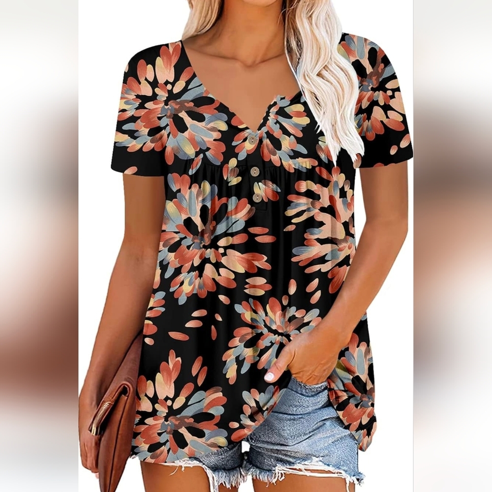 Womens Henley V Neck Casual Blouse Button Down T Shirts Flare XXL LIKE NEW